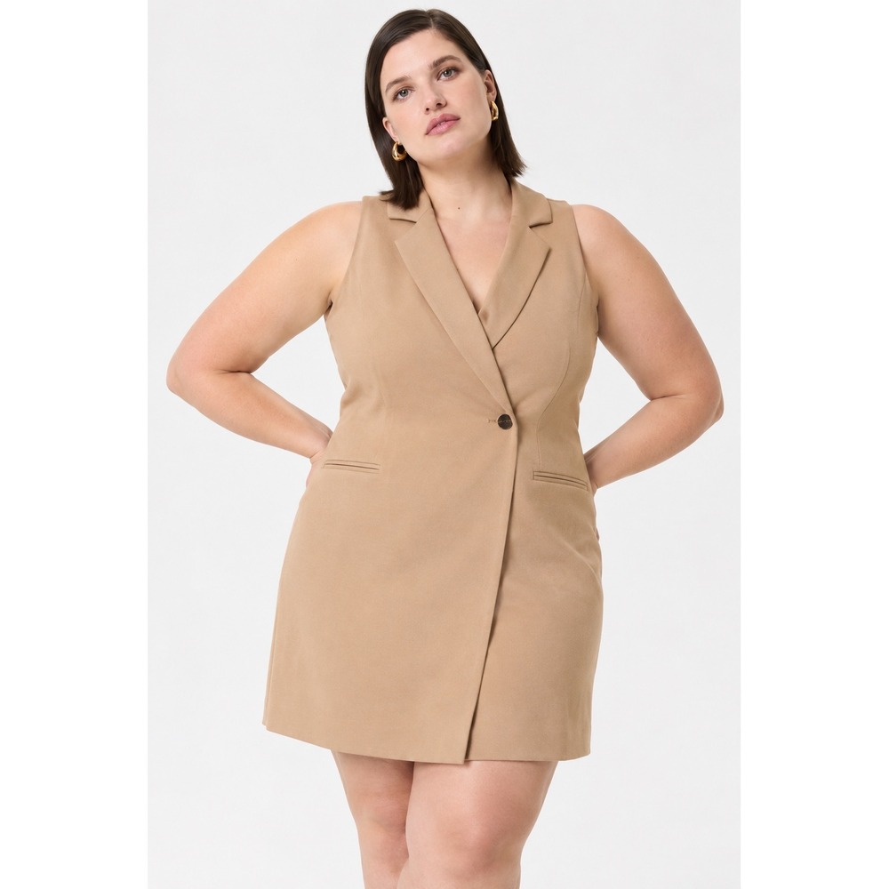 Spanx The Perfect Ponte Knit Vest Dress Camel Tan Sleeveless Blazer Dress 2X